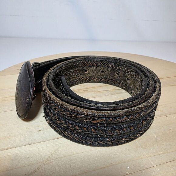Vintage Distressed Leather Belt & Buckle Oval Shaped Buckle W Letter H Size 38 - Picture 7 of 15